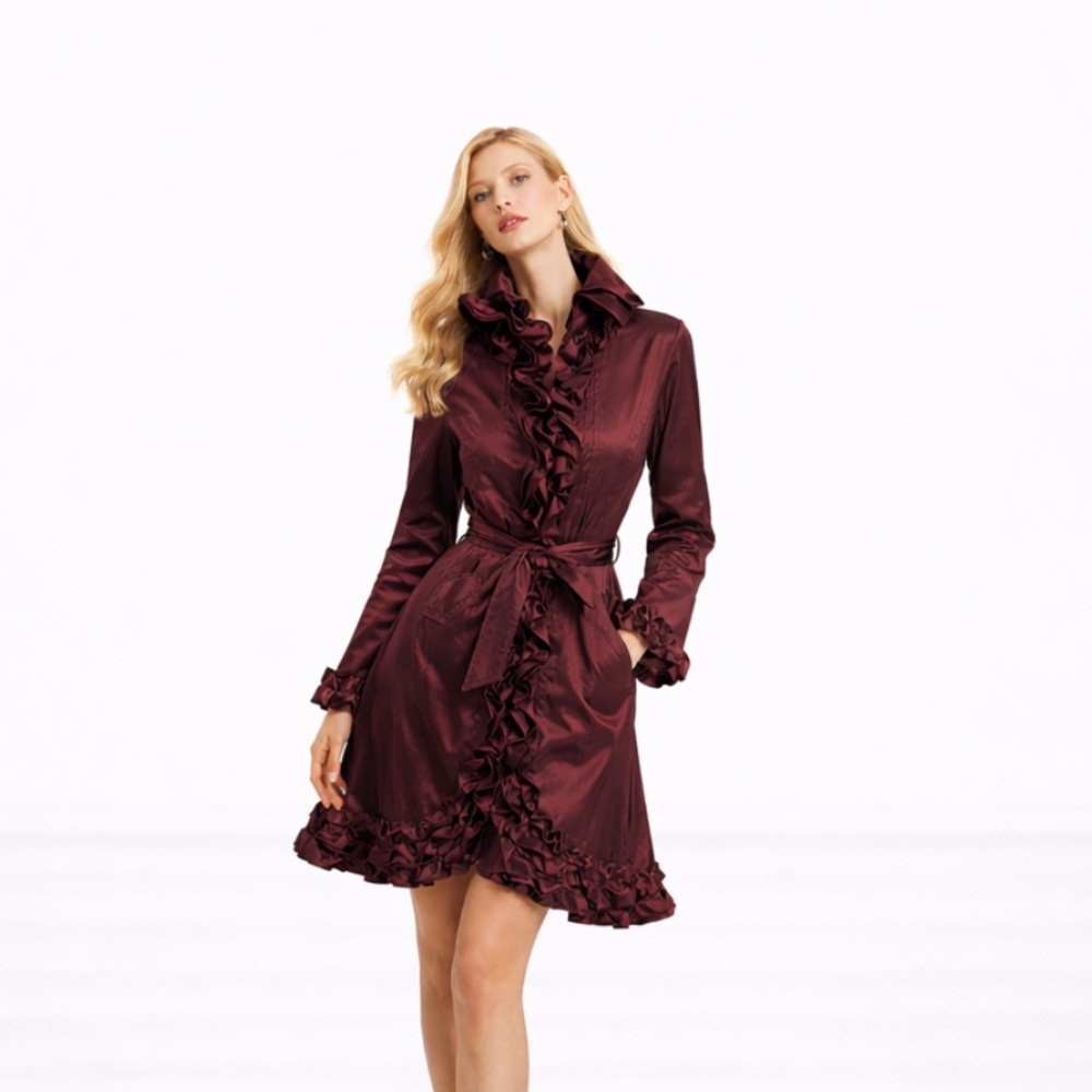 Samuel Dong classic ruffle trench coat evening wear Crimson Satin